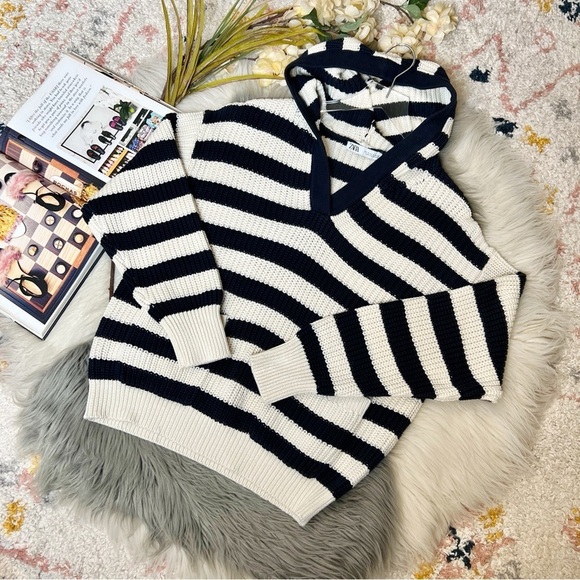 Zara Oversized Women’s Chunky Striped Hooded Cotton Sweater Sz S - Picture 10 of 10
